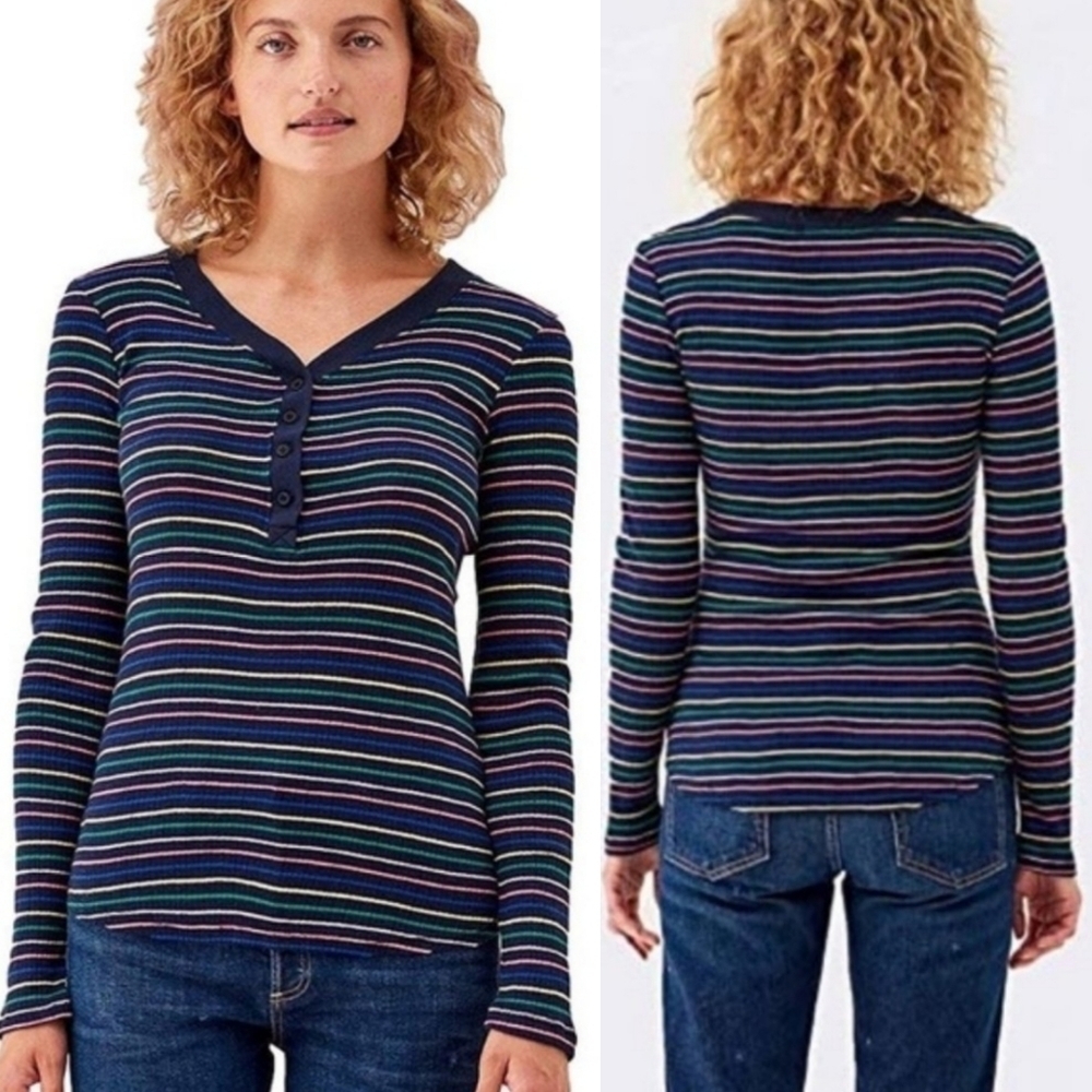 New Sundry Rainbow Striped Ribbed Henley Ribbed Long Sleeve Top NWT 0/XS
